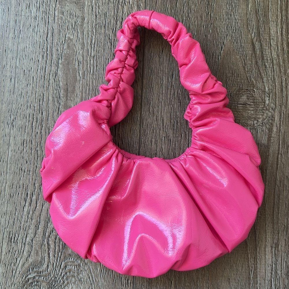 Nanushka Anja Mini Baguette Bag Pink Soft Patent Vegan Leather Gathered Purse